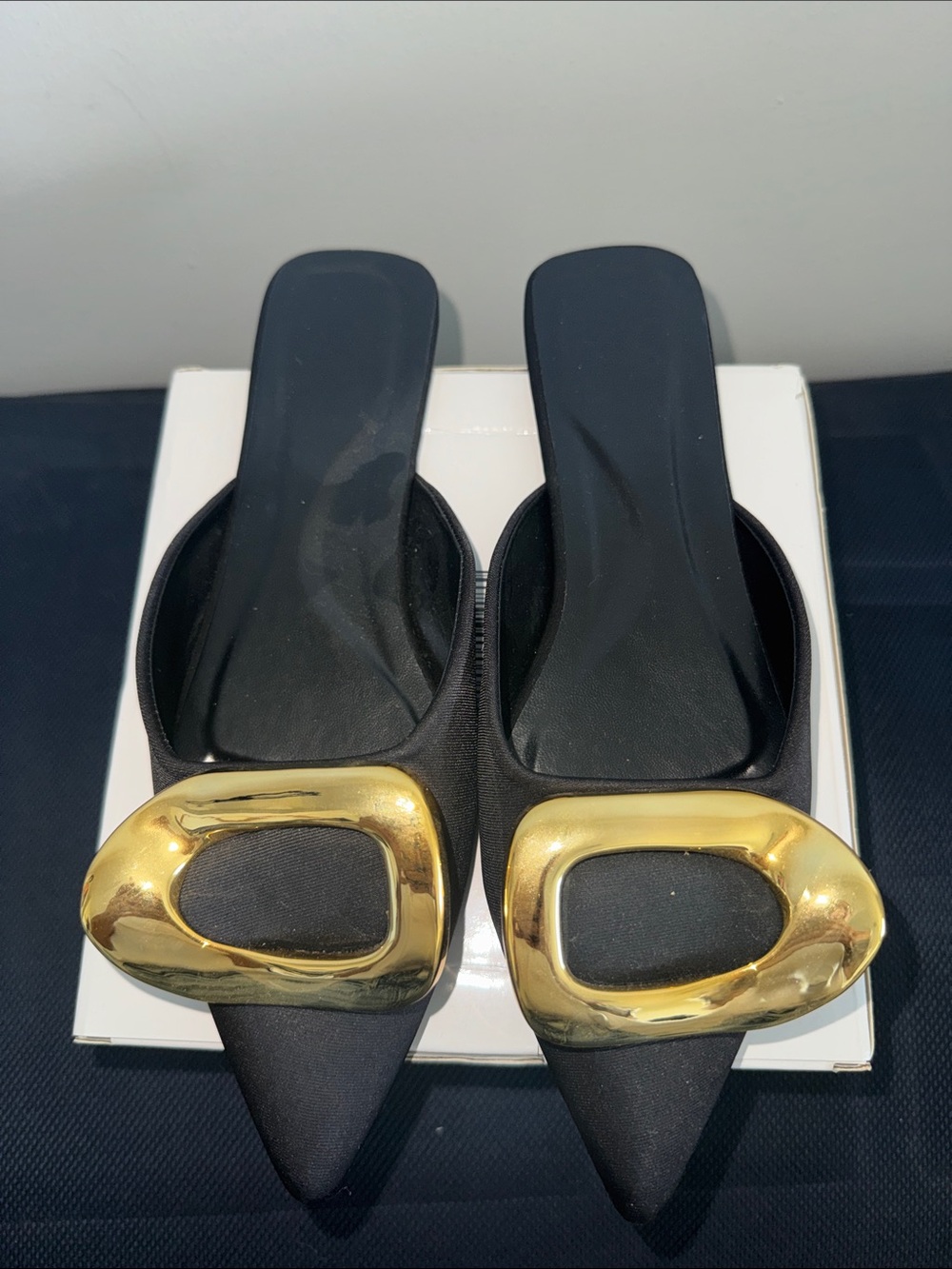 Zara Black Pointed Mules with Gold Ornament